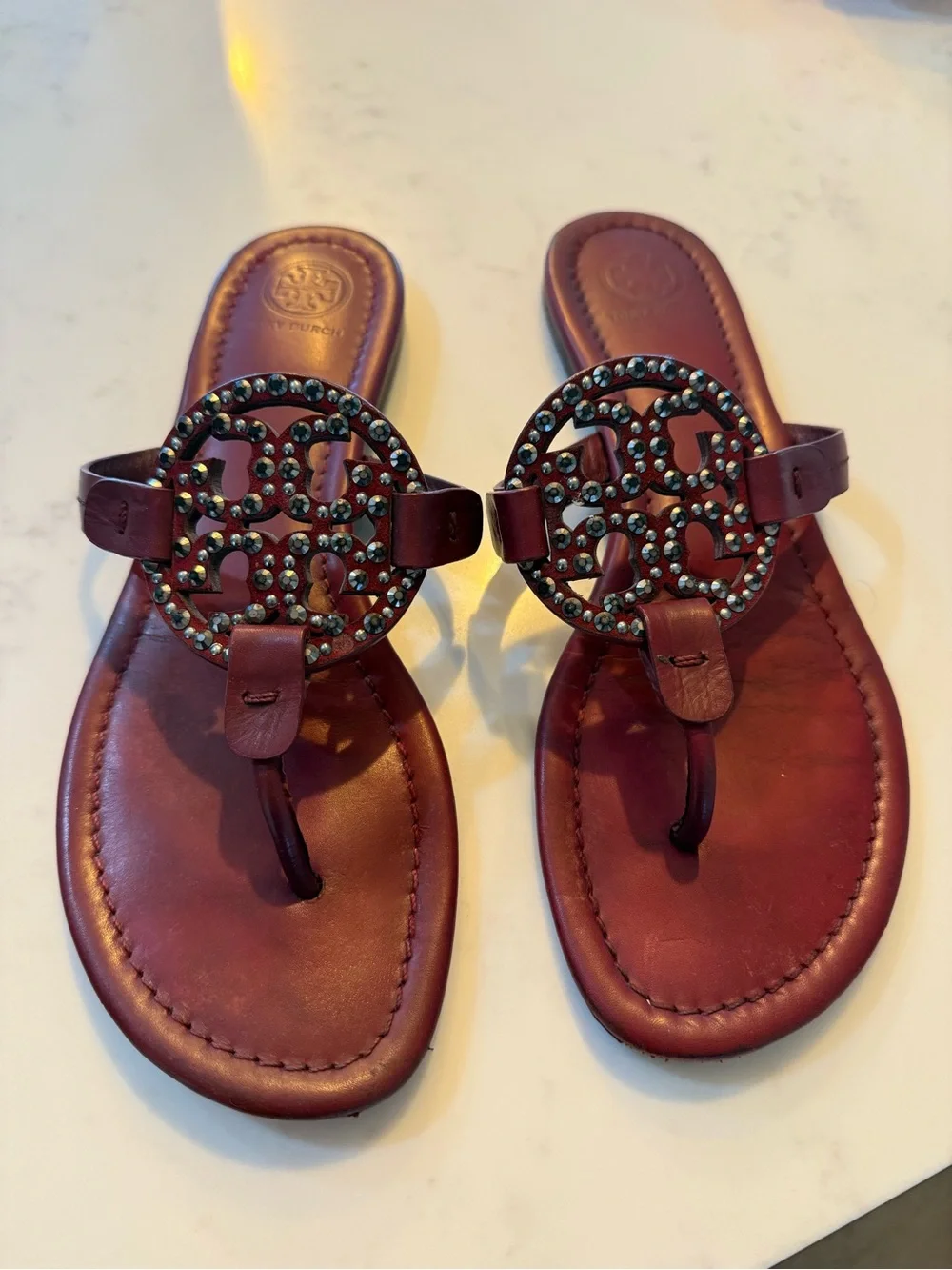 Tory Burch Burgundy Leather Miller Logo Sandals with Stud Accents
